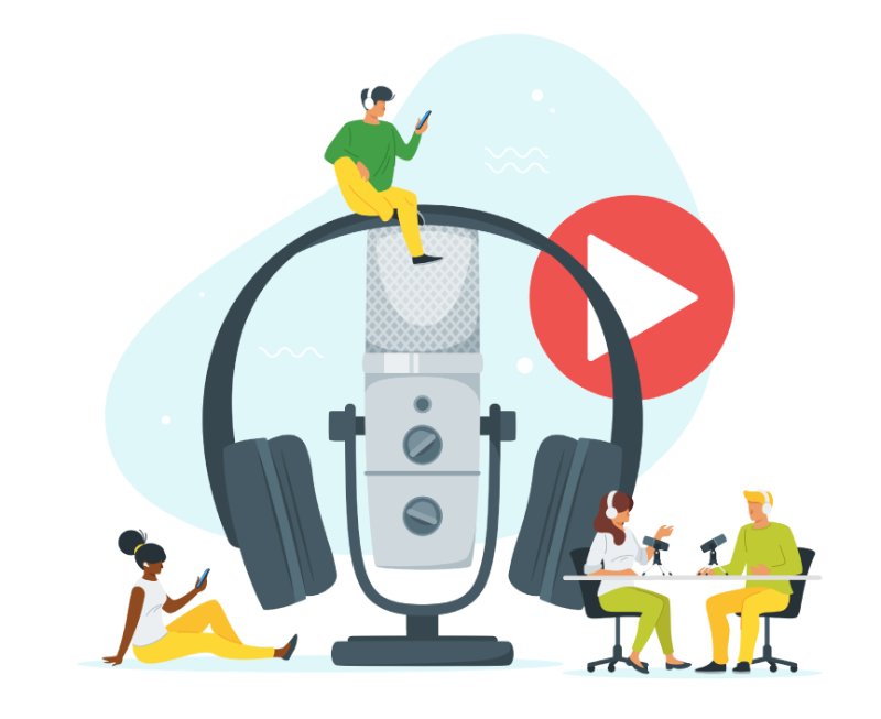 vector art of people listening to and recording podcasts with a big mic and headphones in the center