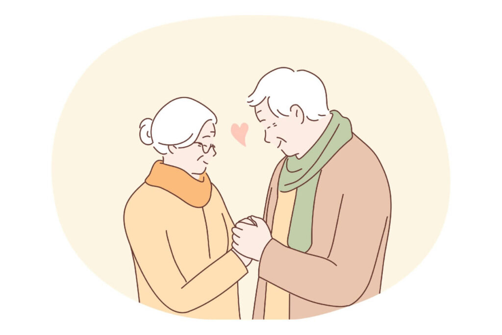 Older christian couple hold their hands in front of each other