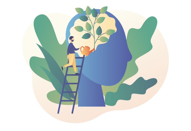 Vector art of a man improving confidence as represented by watering a plant in a person's head