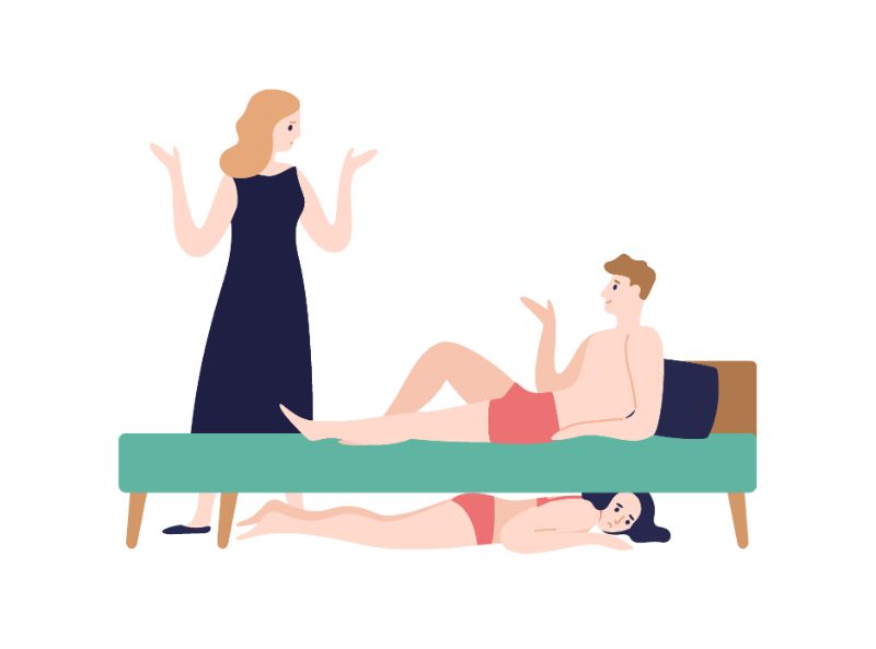 vector art of man lying in bed talking to partner while a woman in underwear is hinding under bed