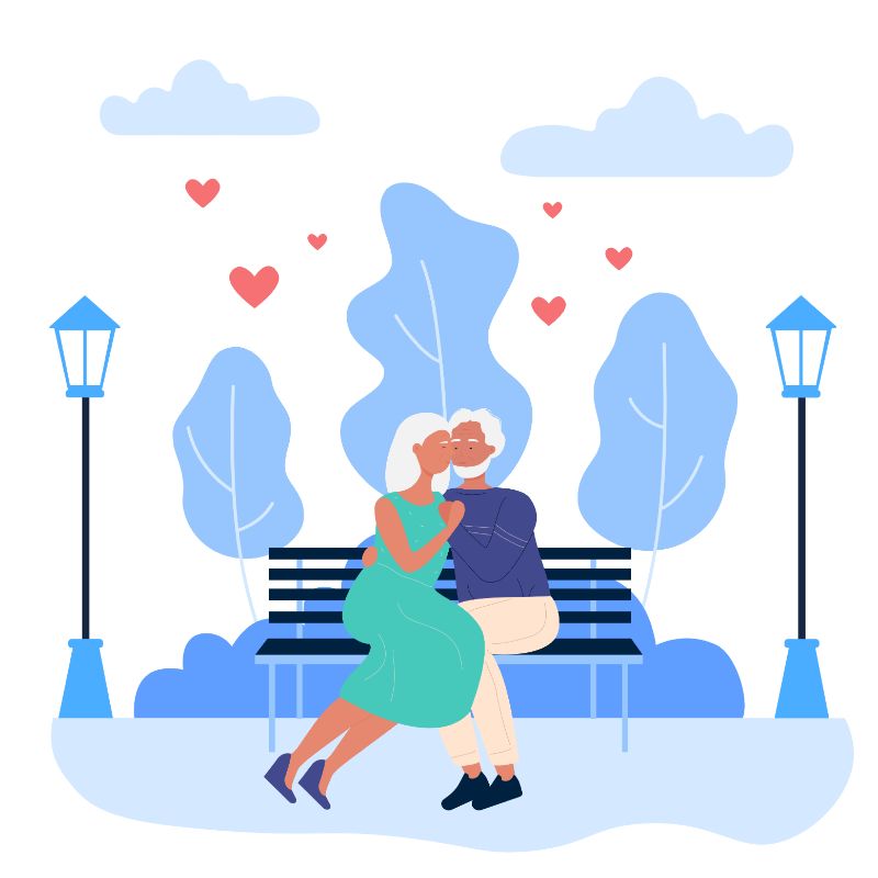 illustration of elderly man and woman sitting on a bench cuddling
