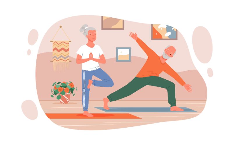 vector art of two seniors doing yoga together