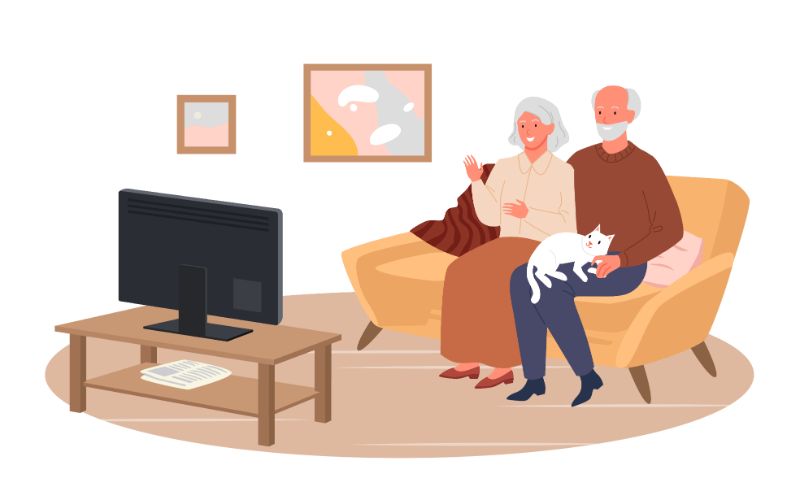 vector art of two seniors sitting on a couch watching TV together