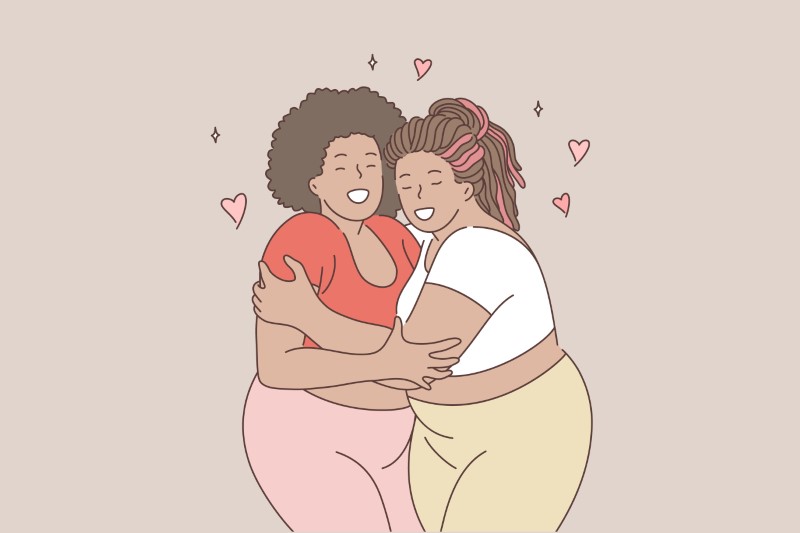 vector art of two women in love hugging and looking happy