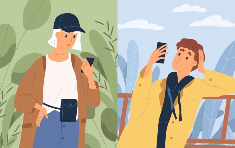 illustration of a guy and a girl communicating via phone