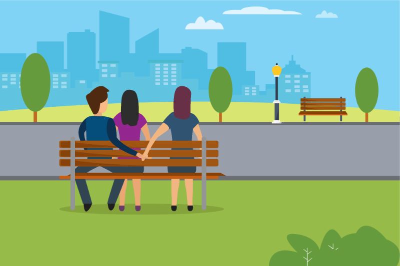 vector art of two women and one man sitting on a bench, man is holding hands with the second woman