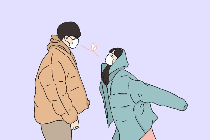 illustration of asian couple with masks flirting