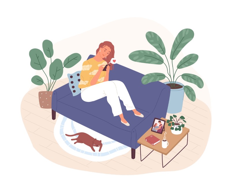 vector art of woman sitting on couch, flirting on her phone