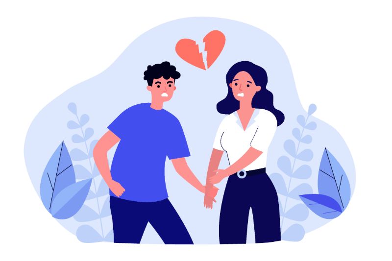 illustration of a man and woman with a broken heart over their heads