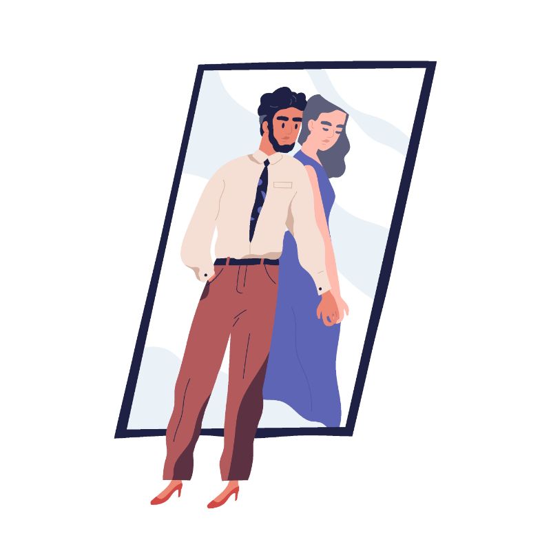 vector art of man looking into a mirror and seeing a woman